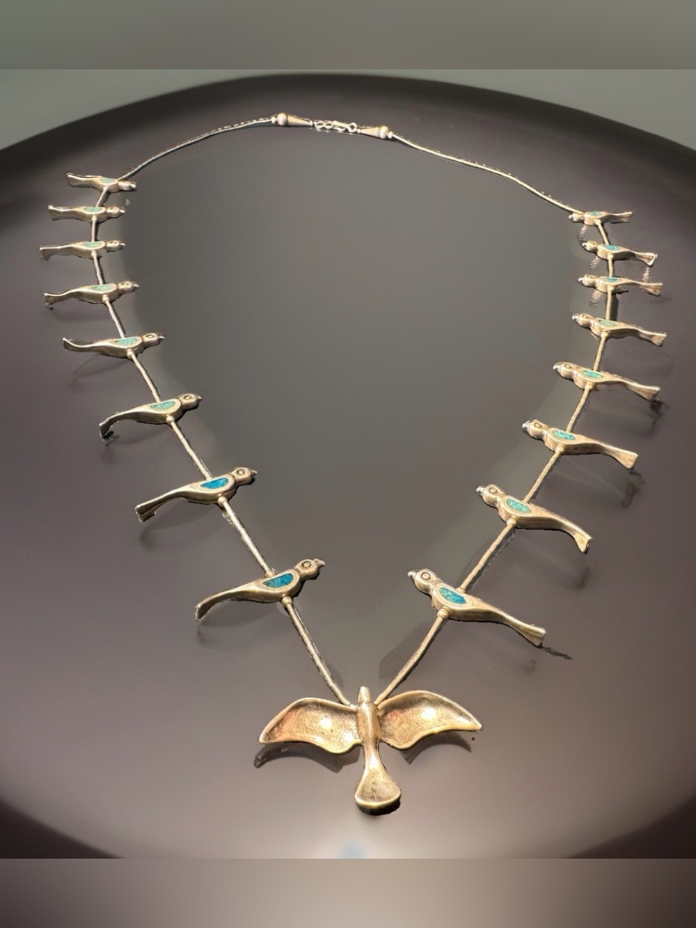Navajo Sterling Silver Sleeping Beauty Turquoise Roadrunners Fetish Necklace 32”